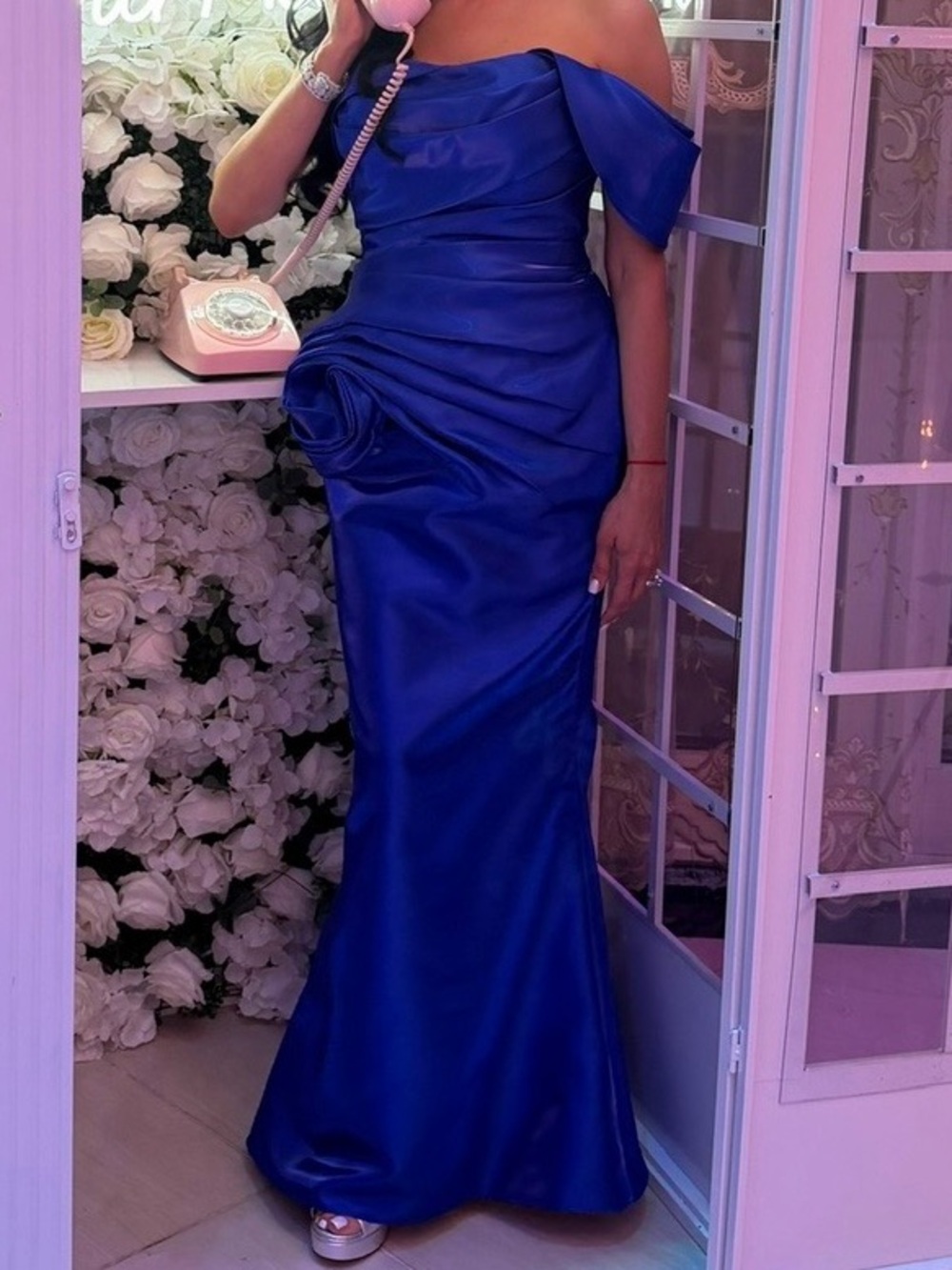 Terani Couture Royal Blue simmer Off-Shoulder Satin Evening Gown